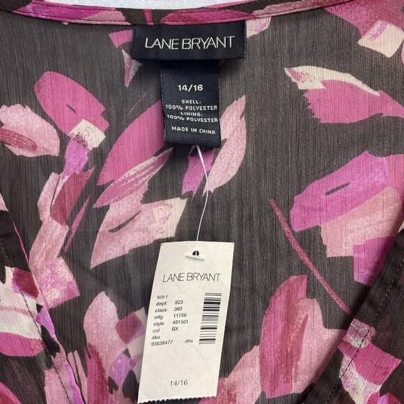 Lane Bryant Sheer V-Neck Short Flutter Sleeve Blouse Women Sz 14/16 Brown Floral - Picture 5 of 13